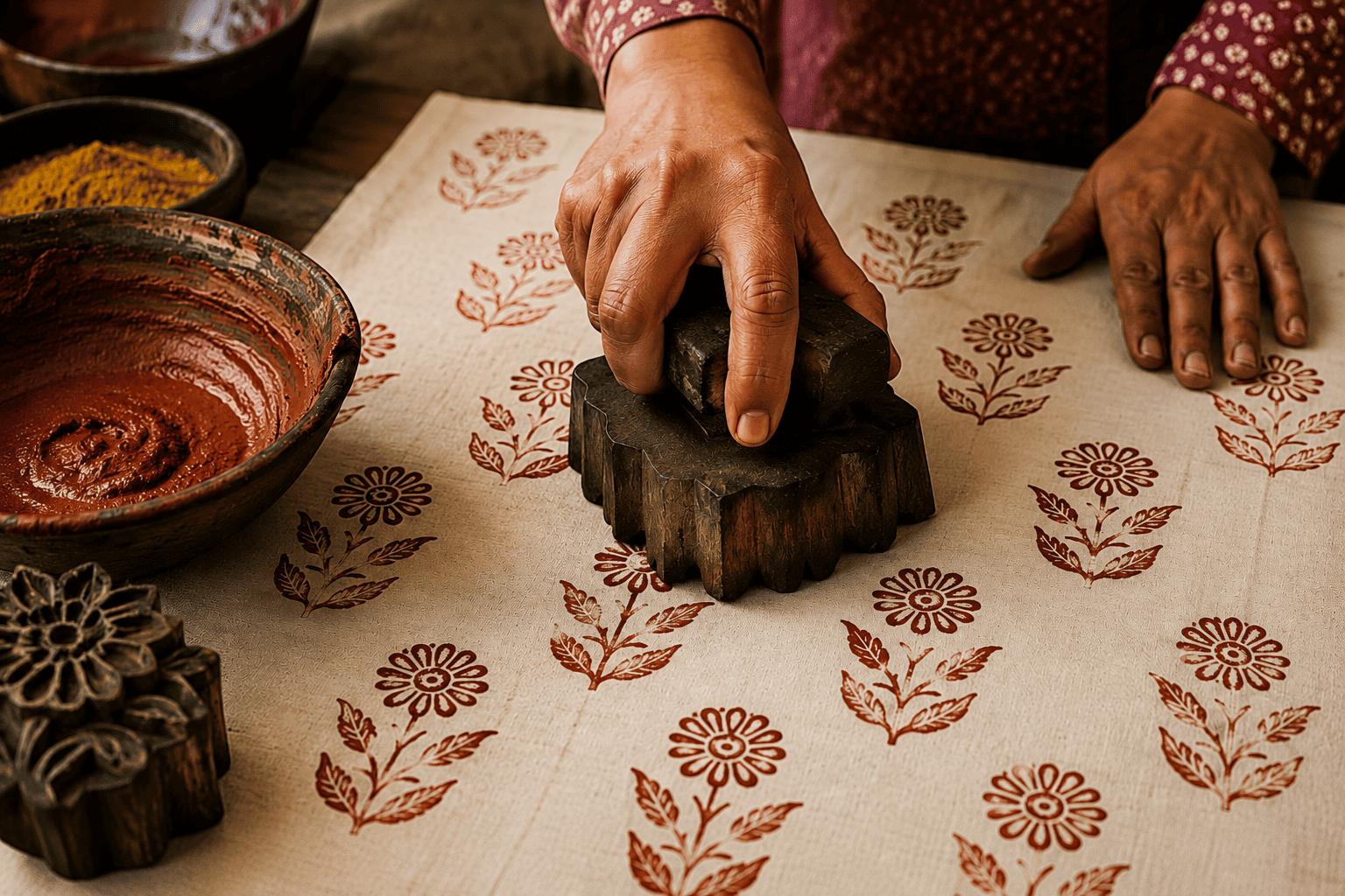 Hand block printing floral motifs on cotton fabric using natural dye paste